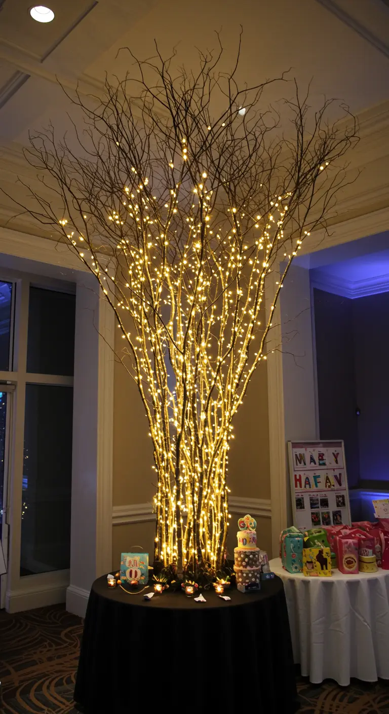 Gran arreglo de ramas secas en un jarrón, profusamente decorado con luces de hadas, como centro de mesa.