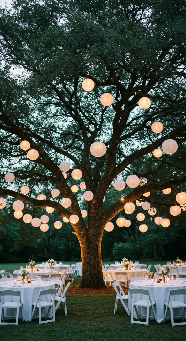 Un gran roble decorado con decenas de lámparas de papel para una boda.