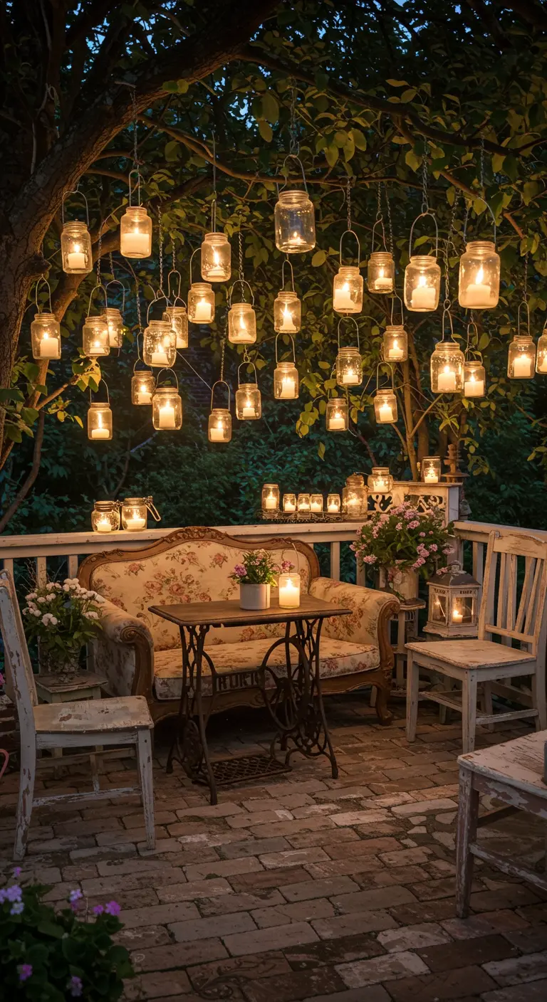 Rincón de patio vintage con un sofá antiguo y docenas de faroles de frasco colgando de un árbol.