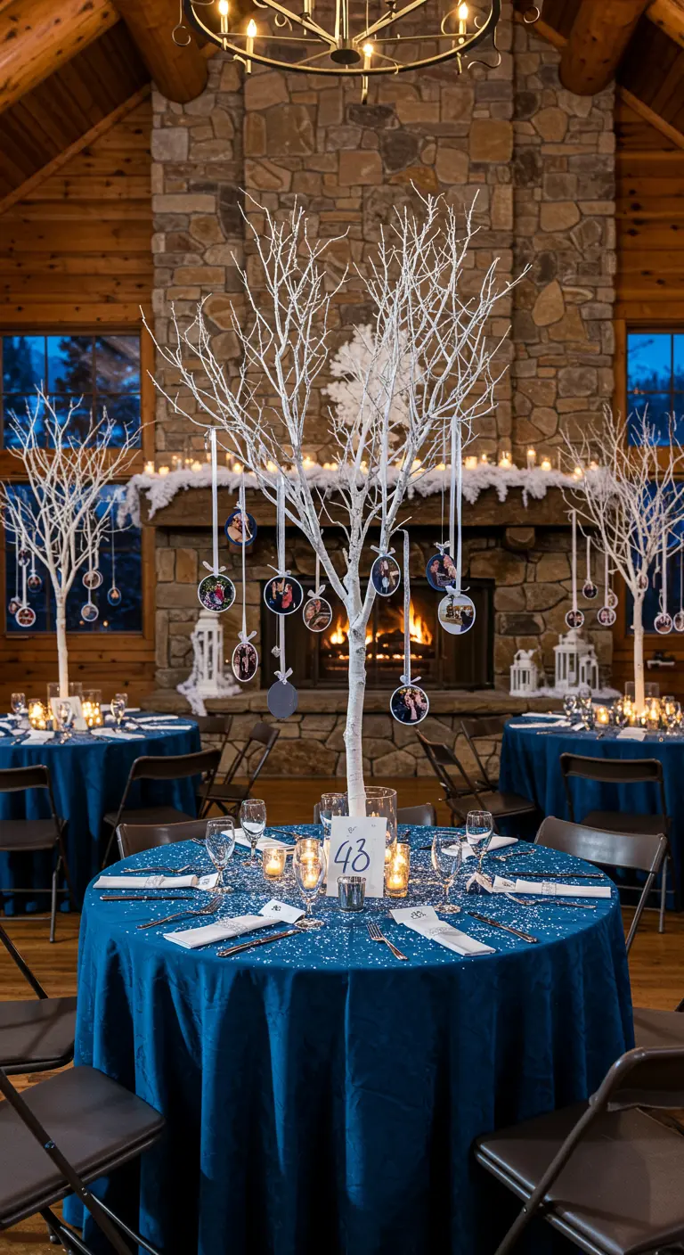 Árbol blanco como centro de mesa del que cuelgan adornos con fotos de la pareja.
