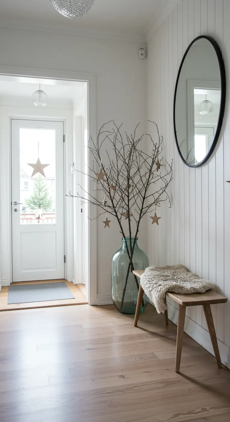 Recibidor luminoso con ramas secas en un jarrón de cristal decoradas con estrellas de madera