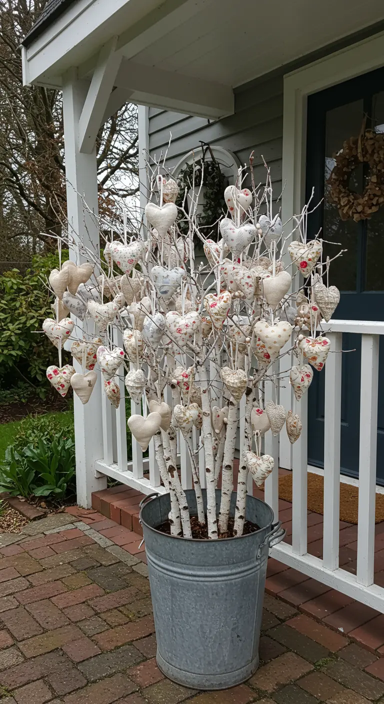 Ramas de abedul en un cubo de zinc, decoradas con multitud de corazones de tela estampada.