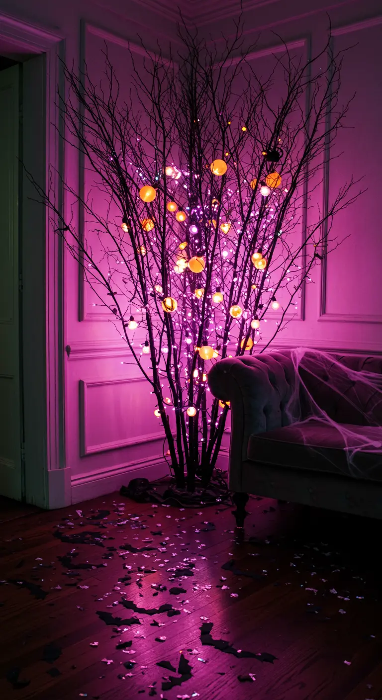 Rincón de Halloween con un árbol de ramas secas iluminado en morado y confeti de murciélagos.