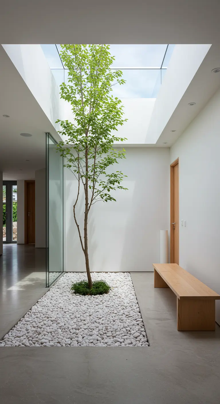 Un árbol plantado en un lecho de piedras blancas dentro de un recibidor bajo un tragaluz.