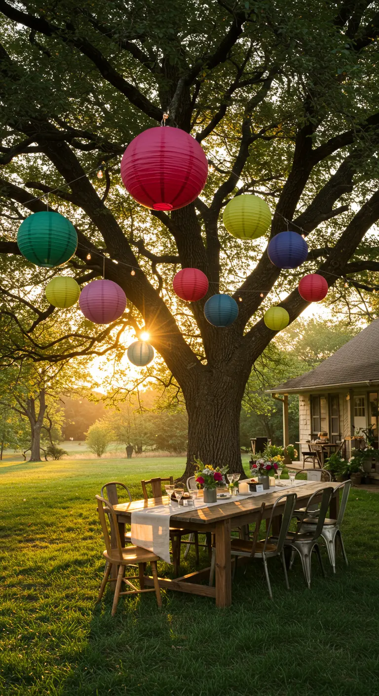 Lámparas de papel de colores colgadas de un gran árbol sobre una mesa de comedor al atardecer.