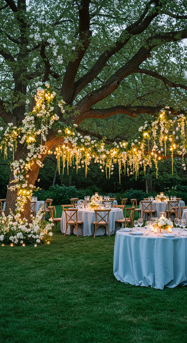 Árbol grande decorado con guirnaldas de flores blancas y luces para una fiesta nocturna.