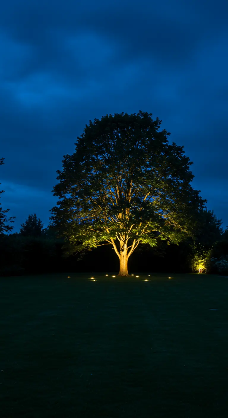 Gran árbol frondoso iluminado desde abajo por múltiples focos en medio de la noche.