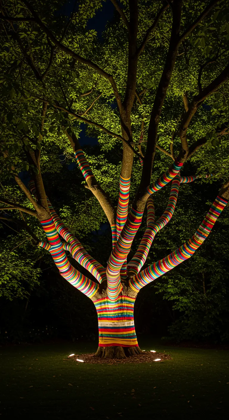 Un gran árbol por la noche con el tronco y las ramas envueltos en tiras de tela de colores.