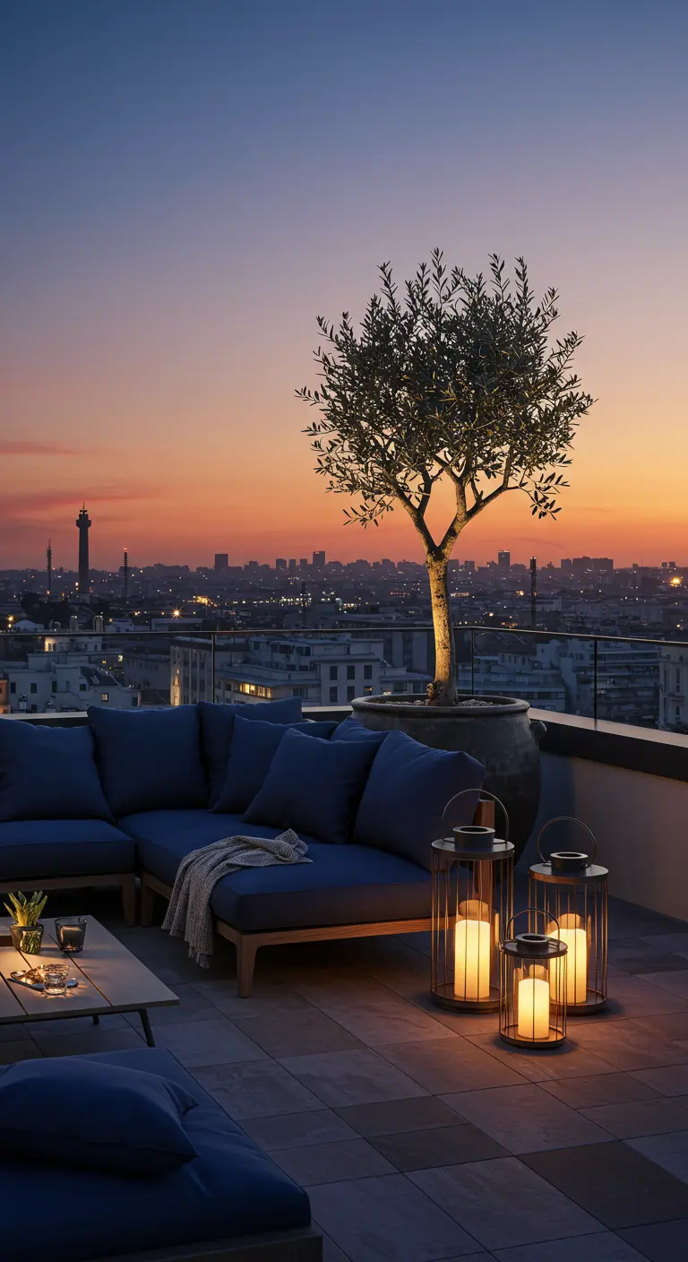 Terraza urbana al atardecer con un gran sofá azul y un olivo iluminado en una maceta.
