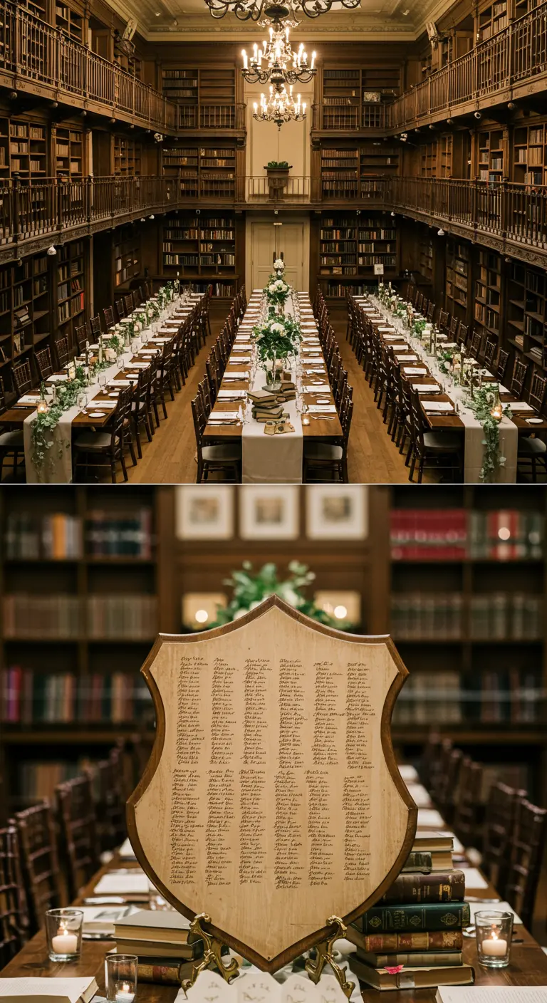 Plan de asientos de boda escrito en un escudo de madera, sobre una mesa con libros.