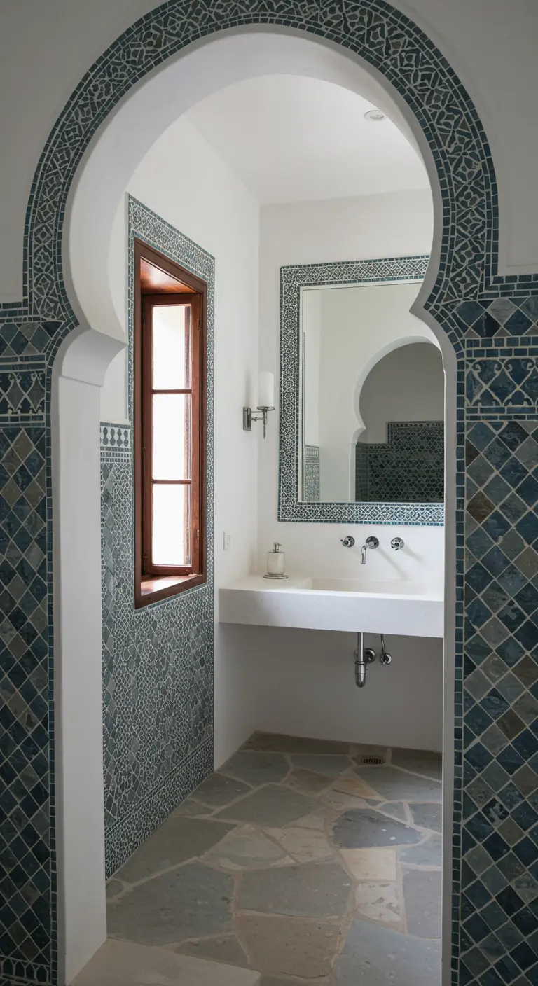 Entrada a un baño a través de un gran arco revestido de mosaico, con lavabo blanco al fondo.