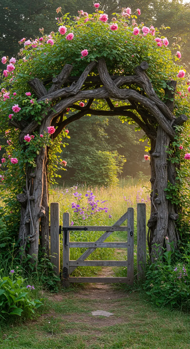 Arco de madera rústico cubierto de rosas trepadoras rosas que enmarca una puerta de jardín