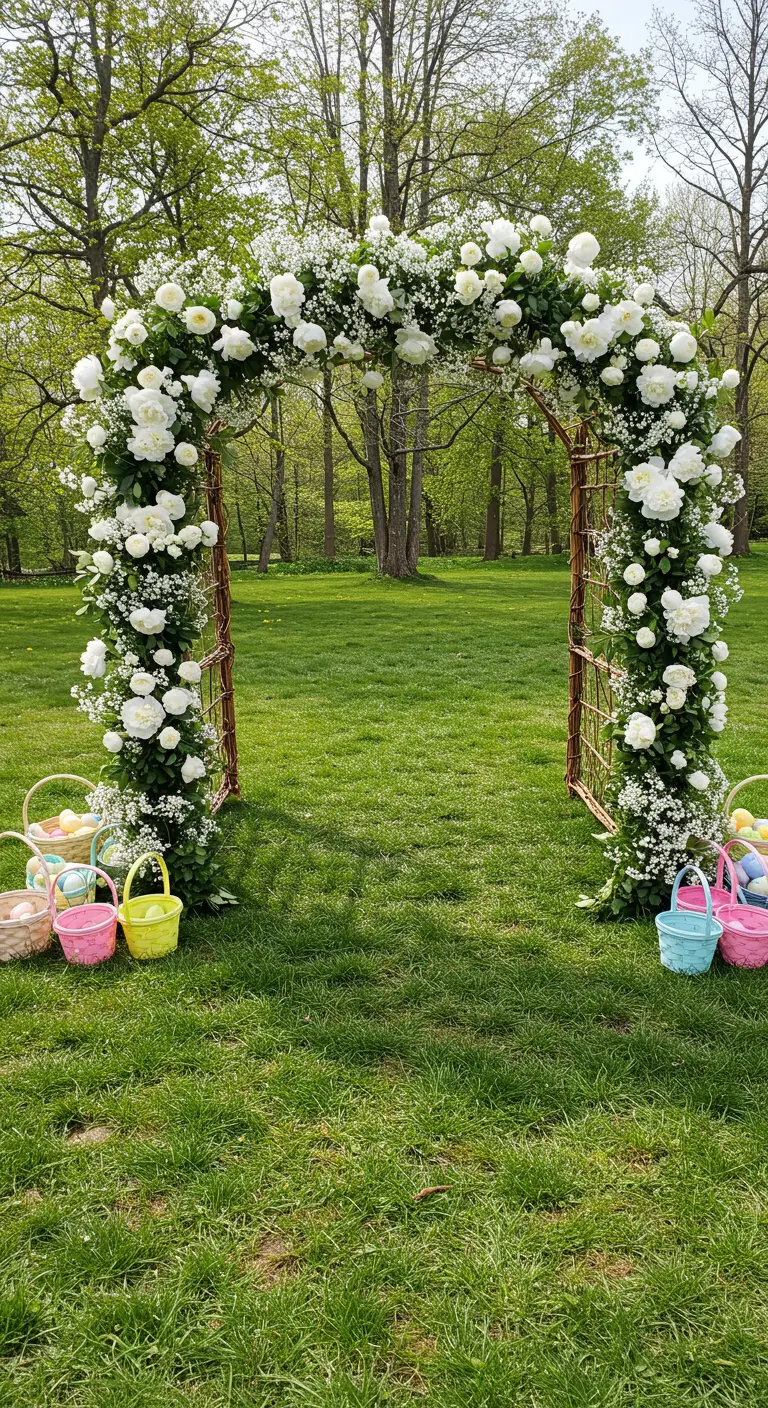 Arco de jardín cubierto de flores blancas y cestas de Pascua de colores en la base.