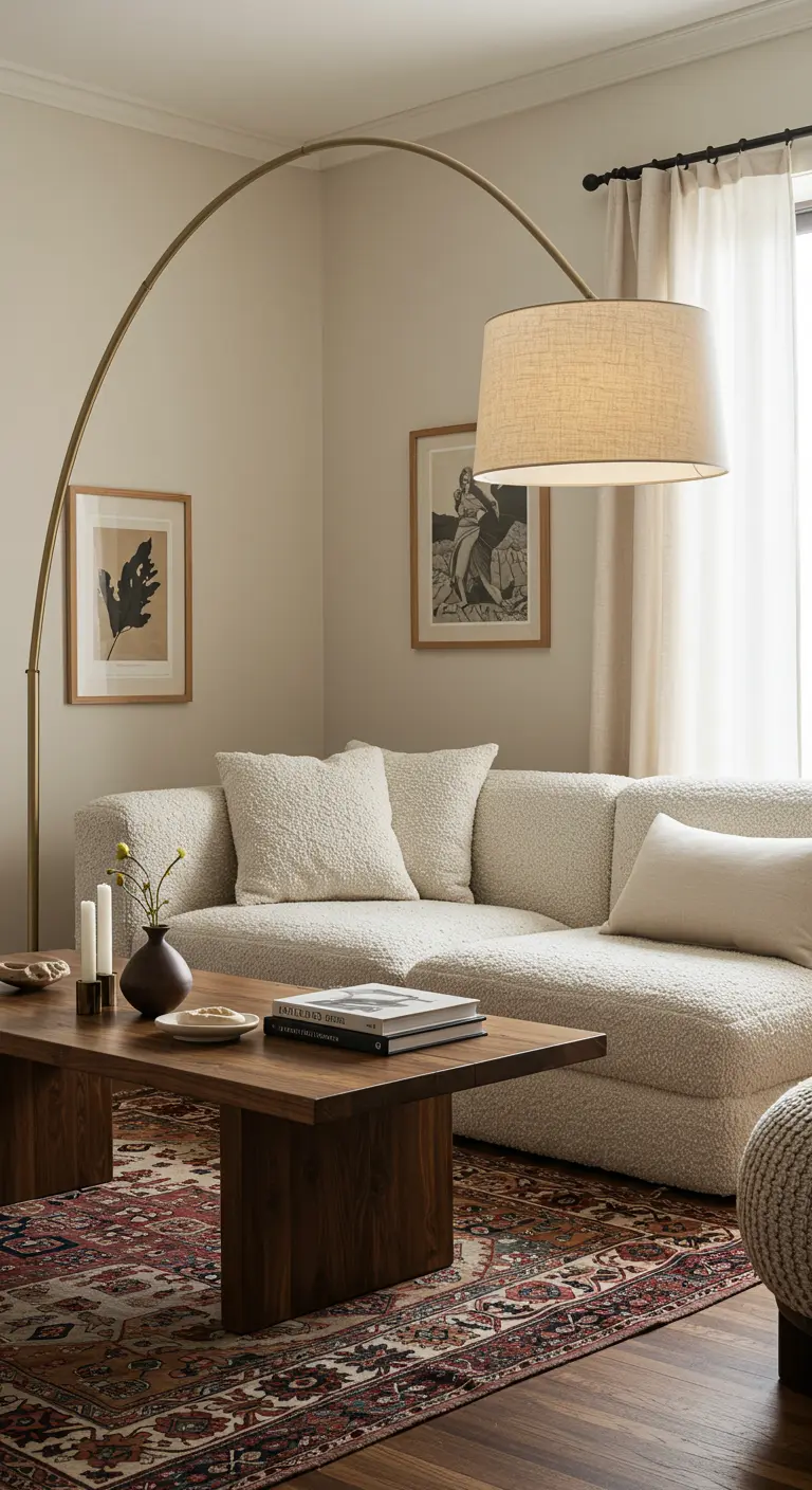 Sala de estar moderna y boho con sofá de bouclé y lámpara de arco dorada.