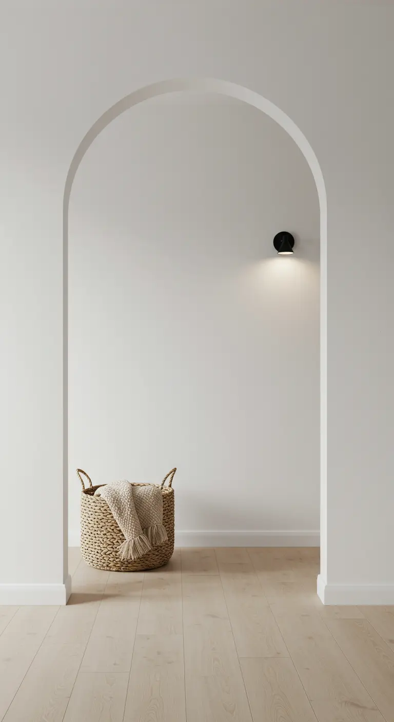 Pasillo minimalista con una puerta en arco, una cesta de mimbre y un foco de luz.