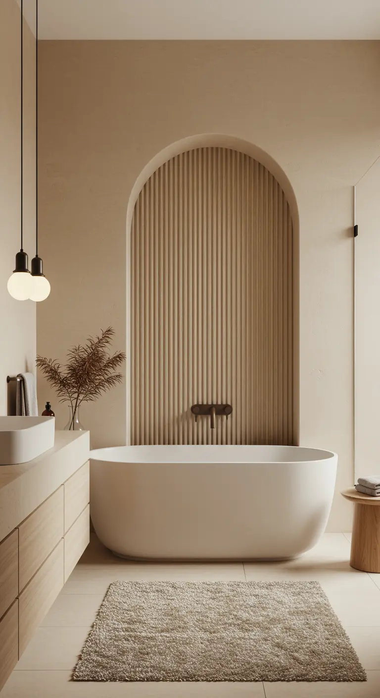 Bañera exenta frente a una hornacina en forma de arco con revestimiento de listones de madera