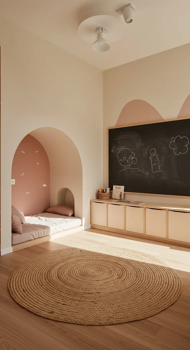 Habitación infantil con un rincón de lectura en forma de arco y una pared de pizarra.
