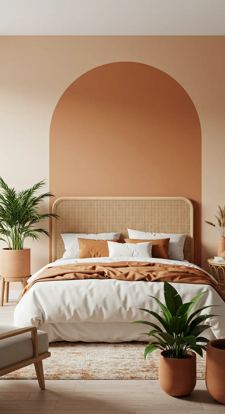 Dormitorio bohemio con un arco pintado en terracota en la pared y un cabecero de ratán.