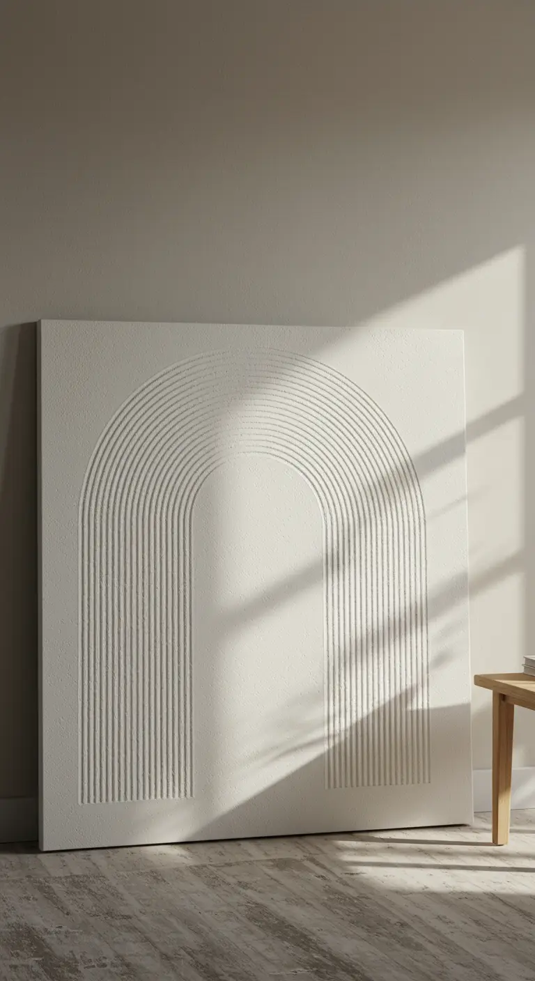 Cuadro minimalista blanco con un arco texturizado en relieve