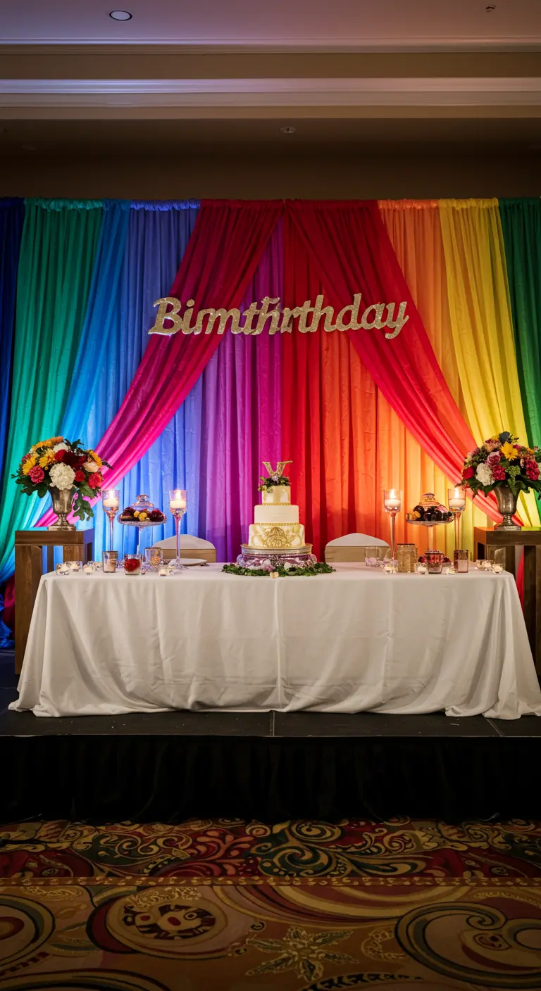 Mesa de pastel con un fondo de cortinas de tela en todos los colores del arcoíris.