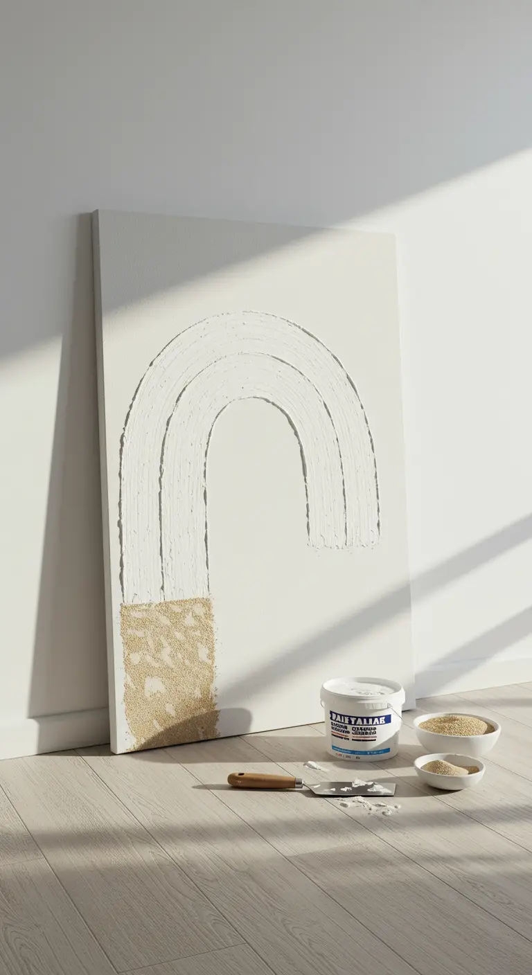 Lienzo blanco con un arco de yeso texturizado y una base de arena dorada