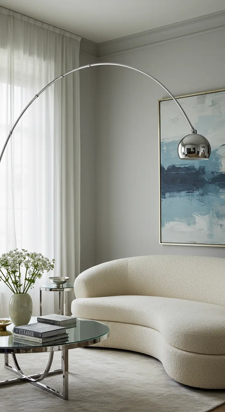 Lámpara de arco cromada sobre un sofá curvo de color crema en una sala moderna.