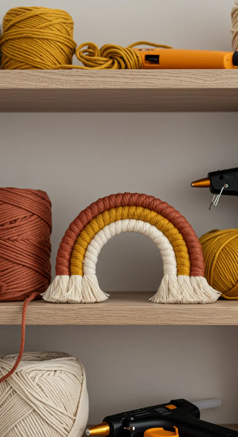 Arcoíris de macramé en tonos tierra (terracota, mostaza, blanco) sobre una estantería