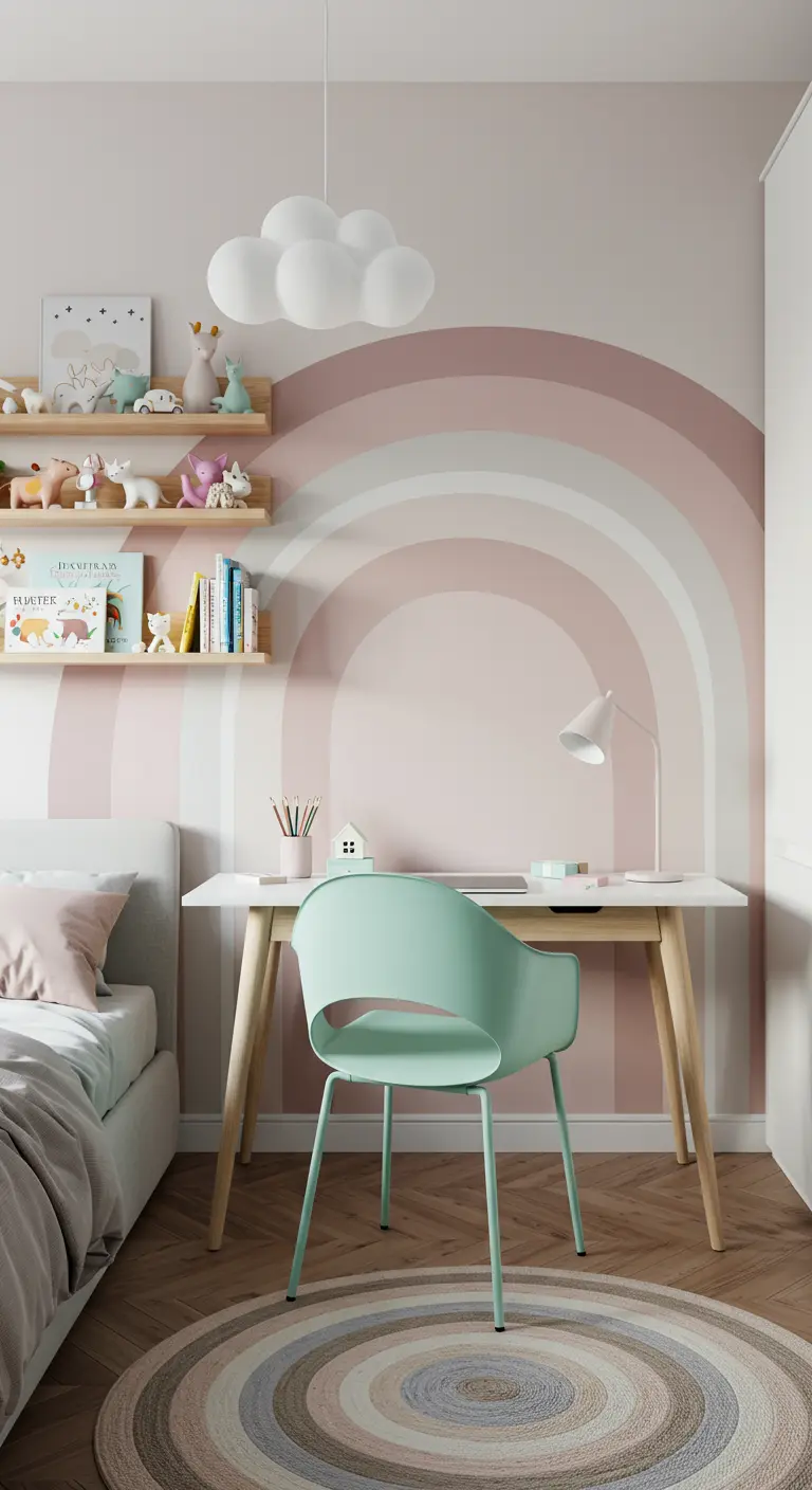 Zona de estudio infantil con mural de arcoíris en tonos pastel y silla menta.