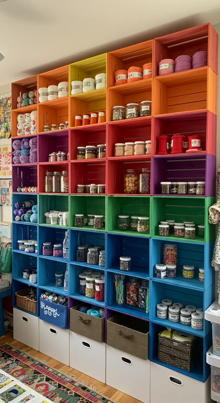 Pared completa de estanterías hechas con cajas de fruta pintadas con los colores del arcoíris.