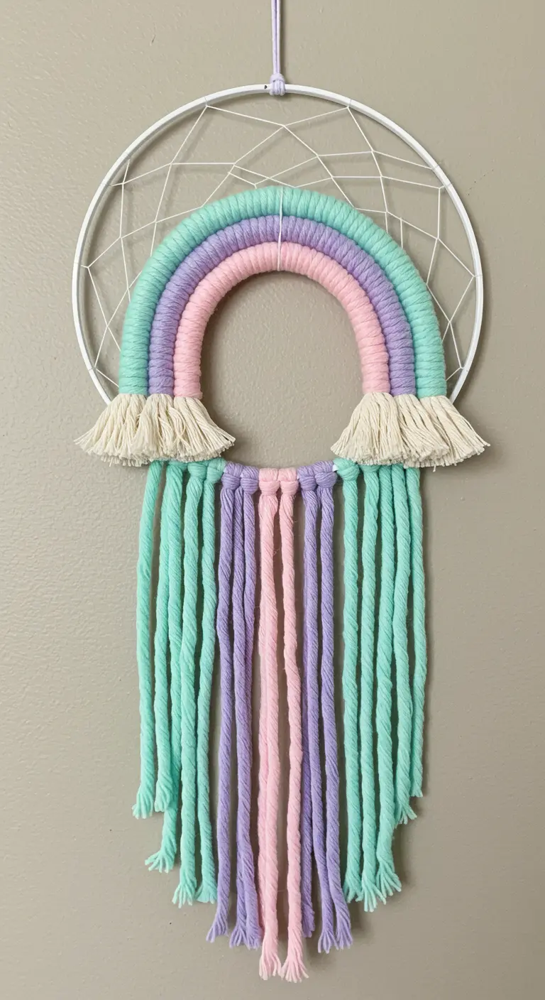 Atrapasueños de macramé con un arcoíris en tonos pastel menta, lila y rosa.
