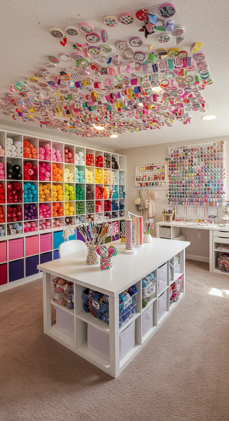 Sala de manualidades con estanterías llenas de lanas de colores y un techo cubierto de rollos de cinta.