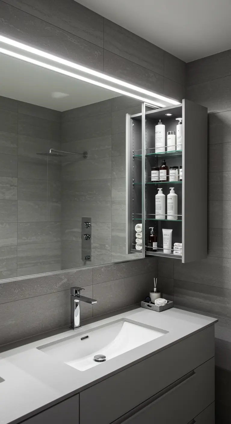 Armario de baño con espejo y puerta abierta, mostrando un interior organizado con productos de aseo.
