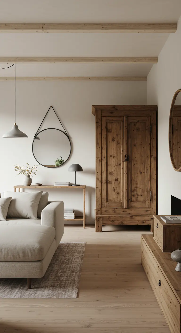 Sala de estar minimalista con un gran armario de pino antiguo y un espejo redondo.