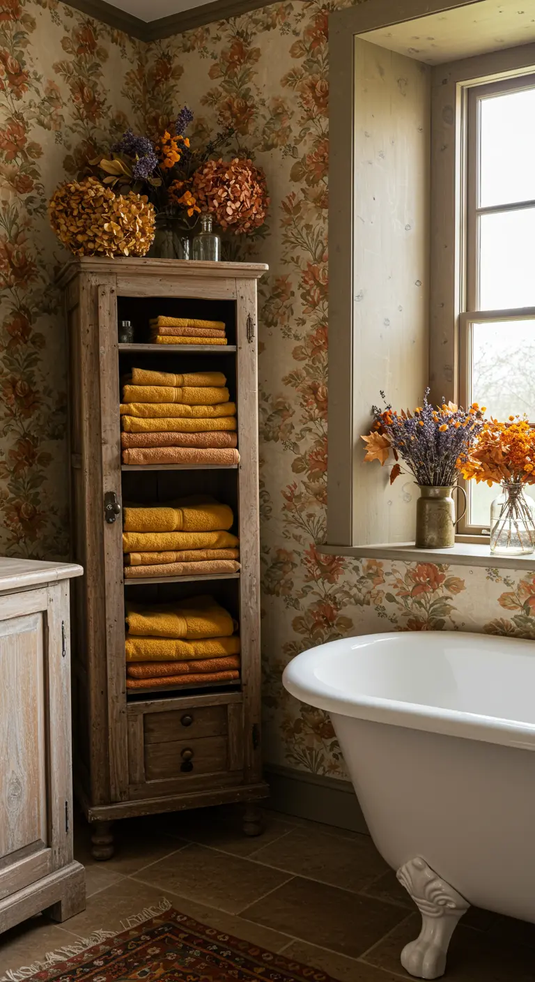 Baño rústico con armario de madera antiguo lleno de toallas amarillas y flores secas.