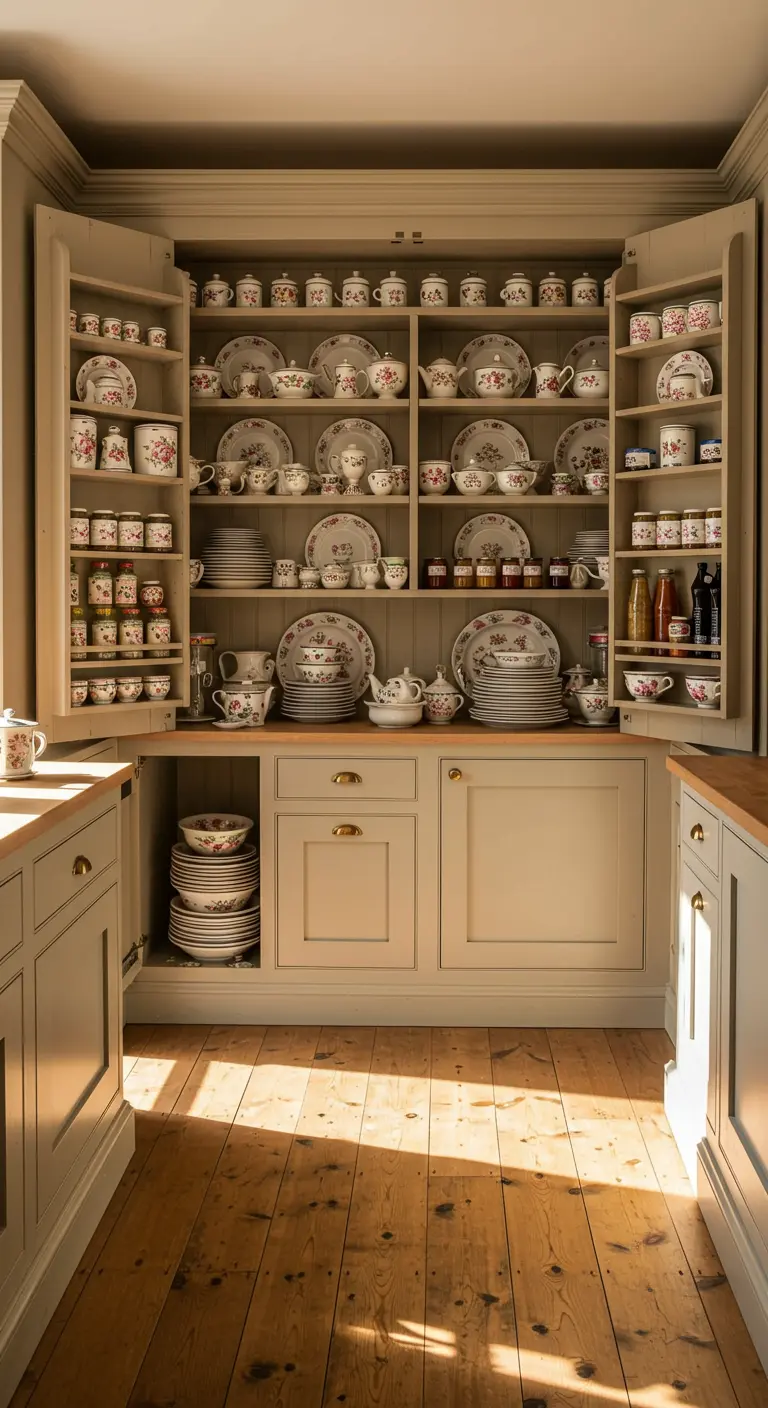Un gran armario despensero abierto que muestra una vasta y ordenada colección de vajilla floral.