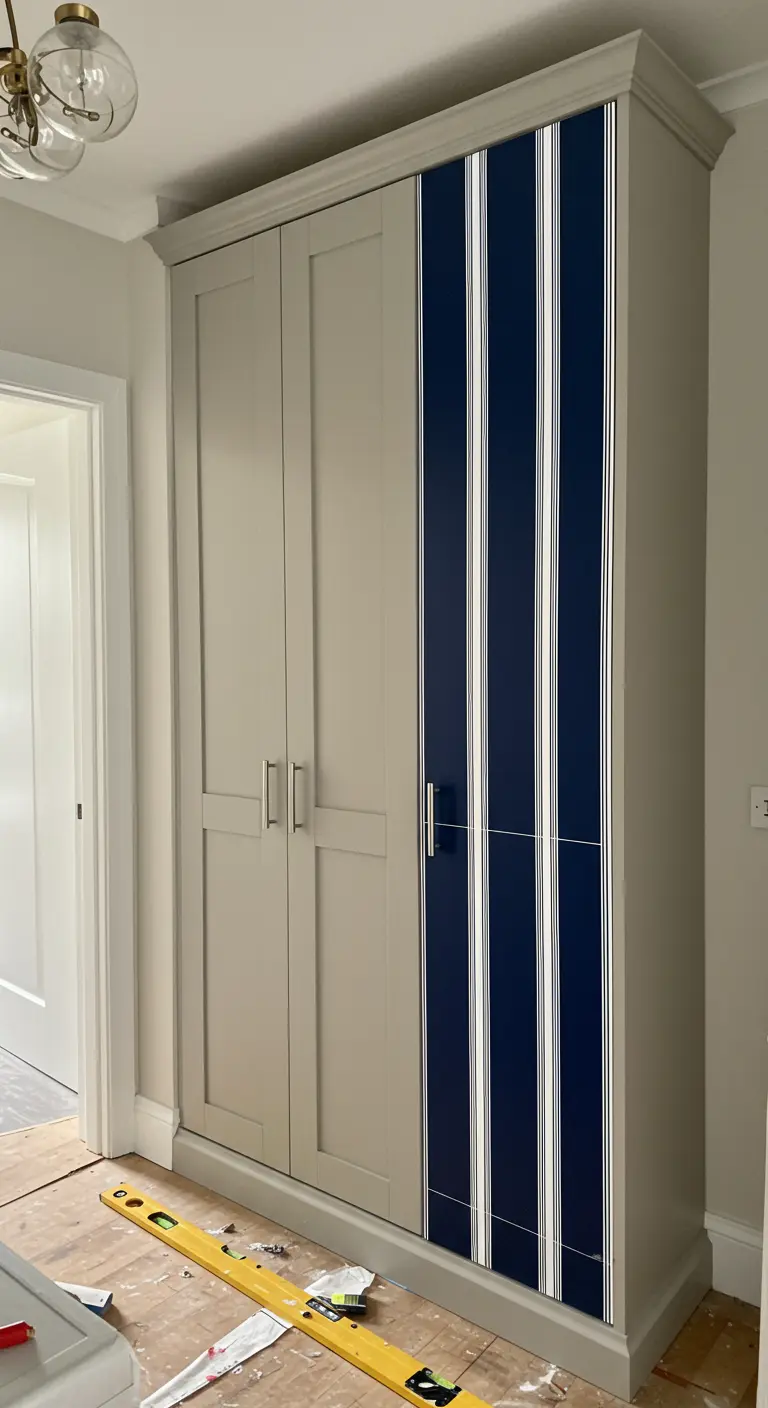 Armario de color gris claro con una franja vertical de papel tapiz de rayas azules y blancas en una de las puertas.