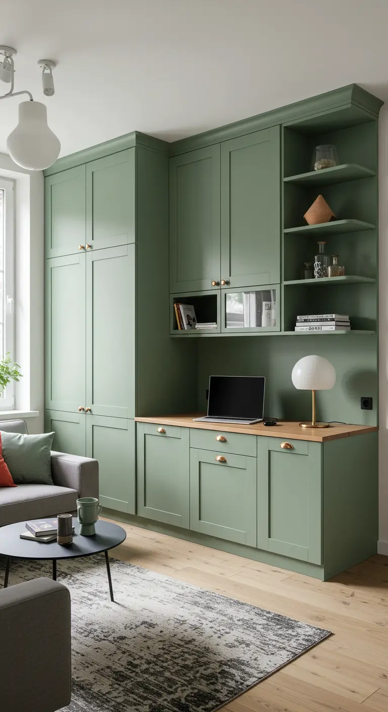 Mueble esquinero a medida de color verde salvia con escritorio integrado en una sala de estar.