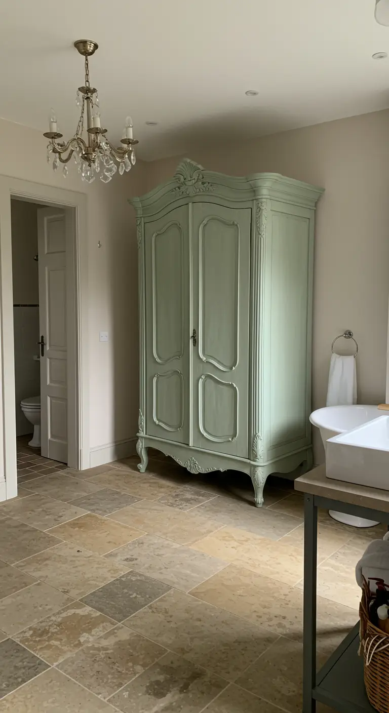 Baño espacioso con un gran armario antiguo de estilo francés pintado de verde salvia.