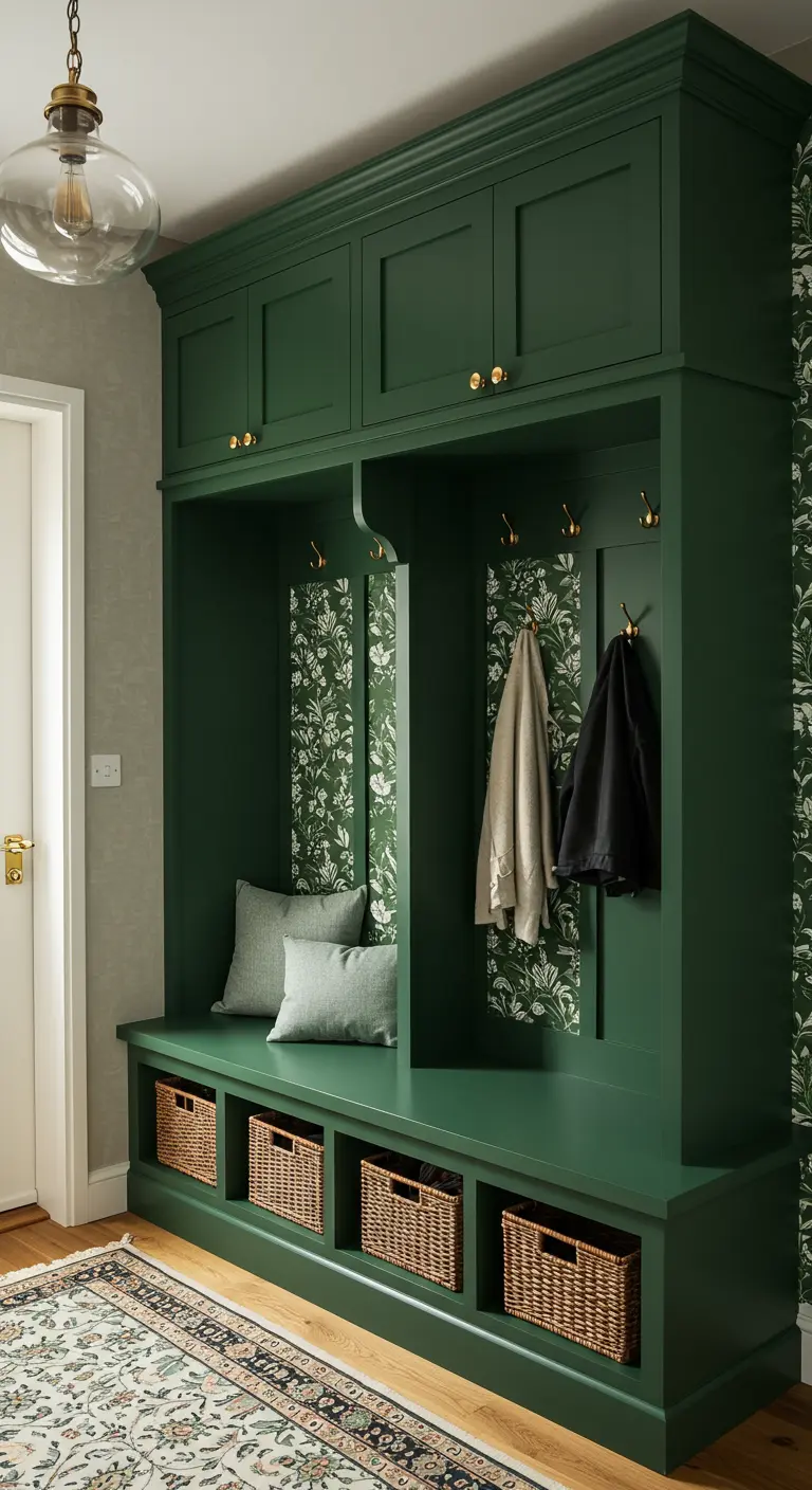 Mueble de entrada alto de color verde oscuro con el interior forrado de papel pintado botánico