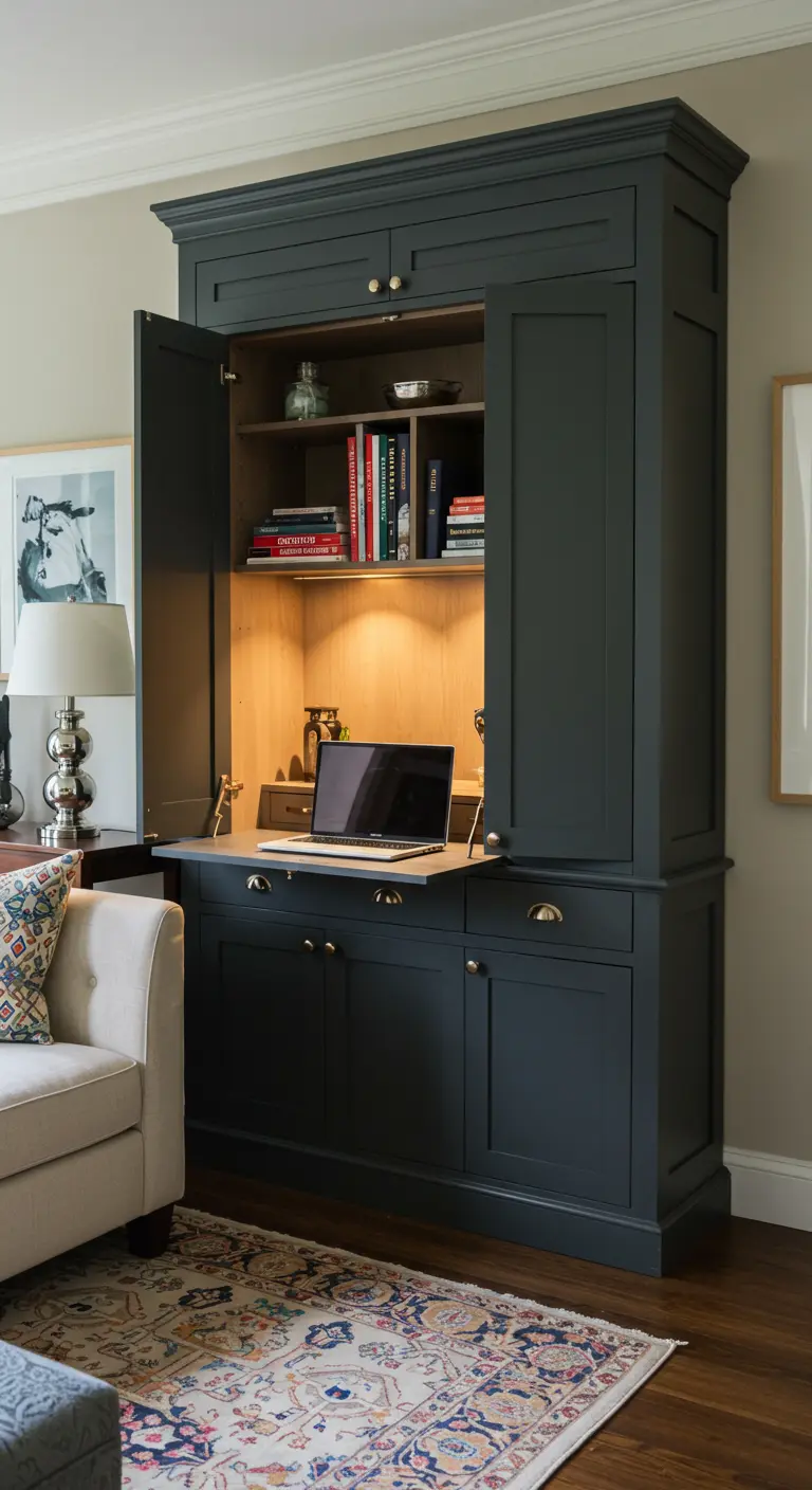 Armario oscuro que se abre para revelar un escritorio con ordenador e iluminación interior.