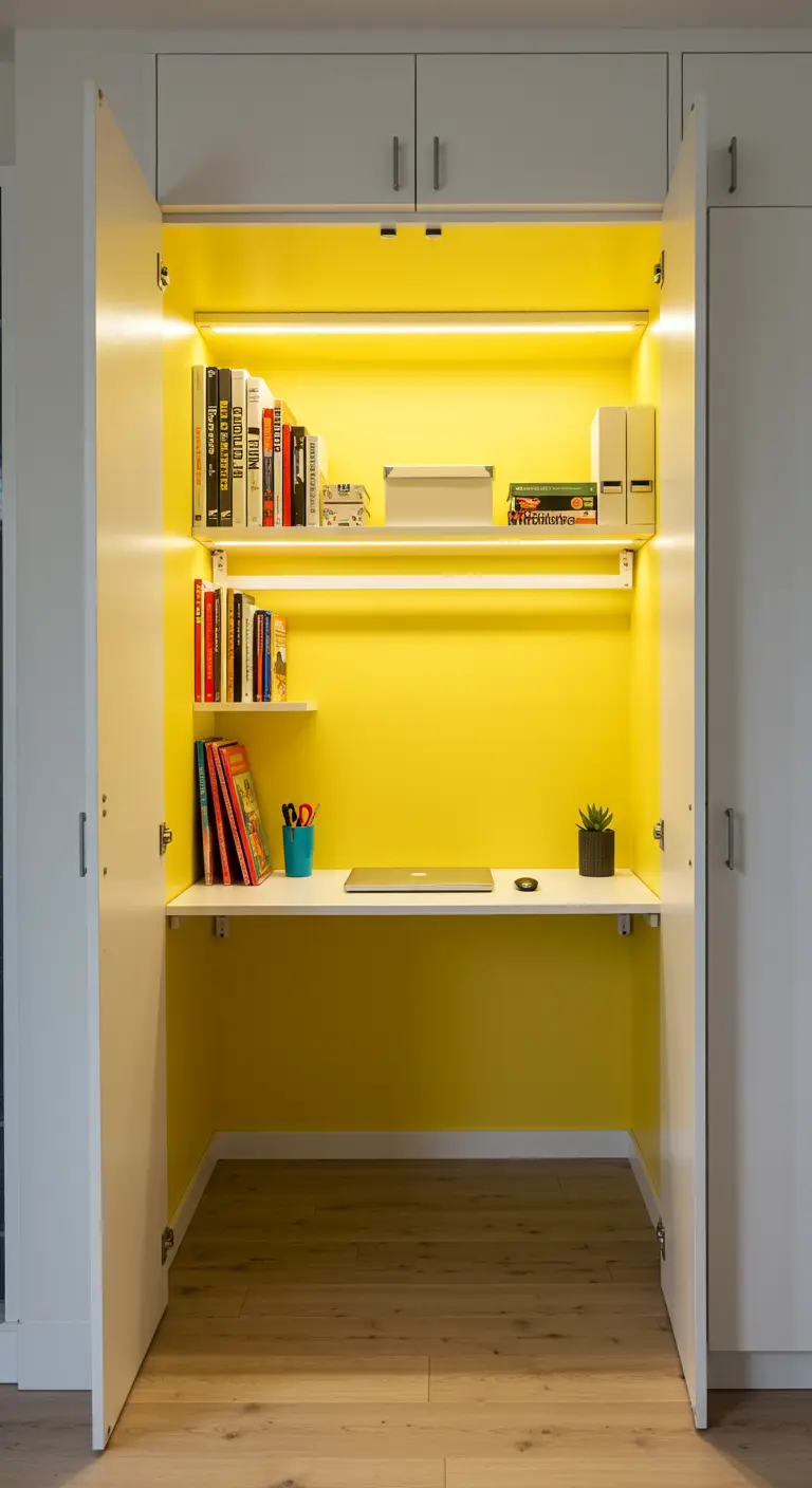 Oficina oculta dentro de un armario blanco, con interior amarillo brillante y estantes.