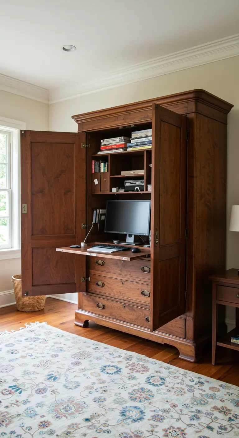 Armario de madera maciza abierto que revela una estación de trabajo con monitor y cajones.