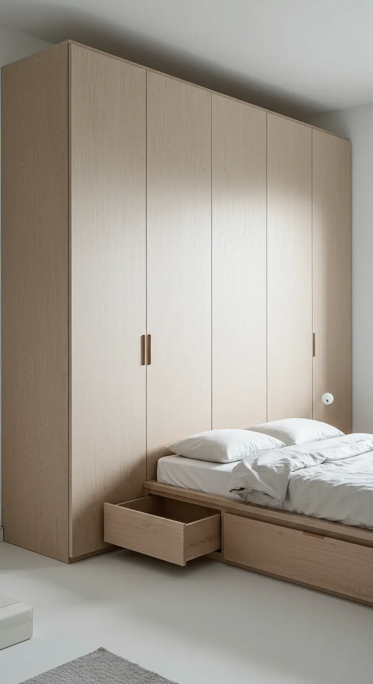 Dormitorio con un gran armario de madera clara que integra la cama en un nicho