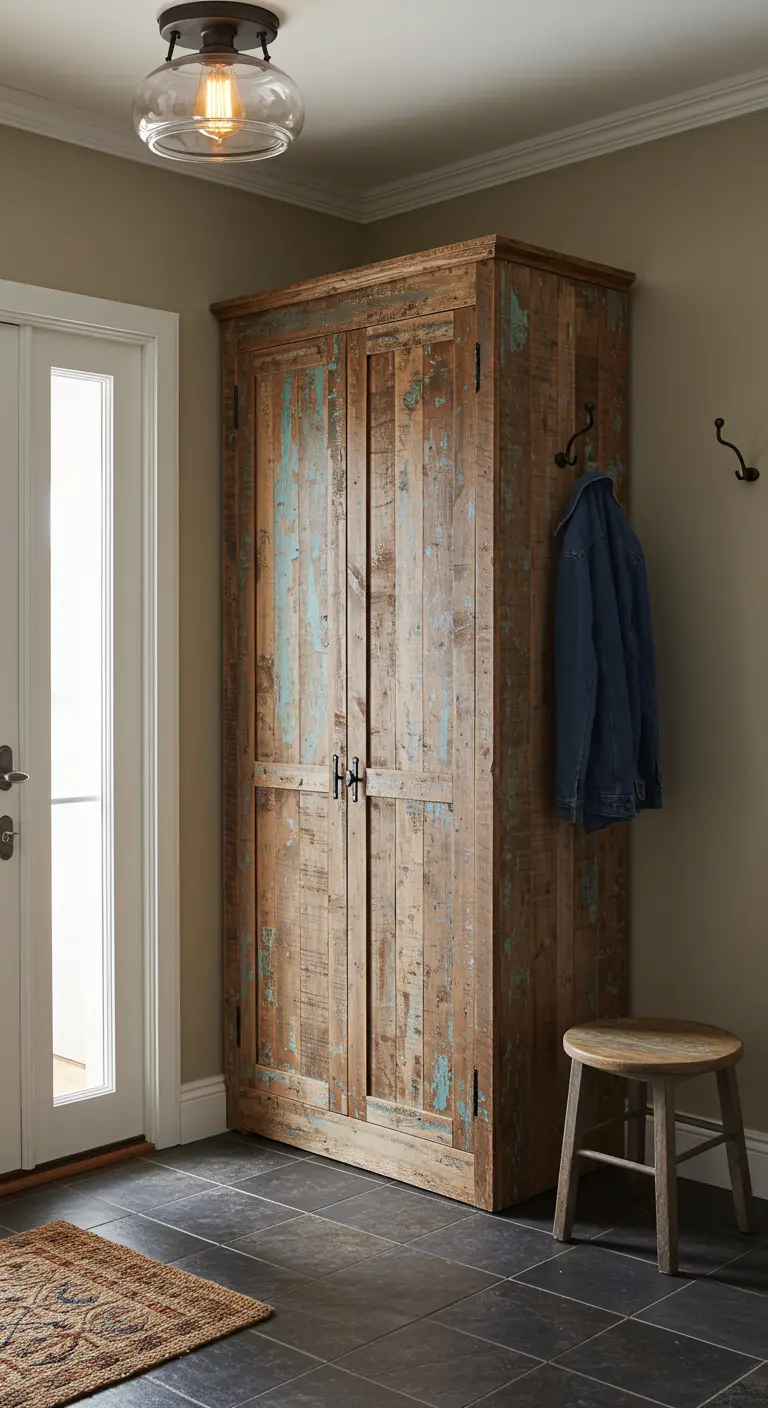 Armario alto de madera recuperada con restos de pintura azul y herrajes de hierro negro.