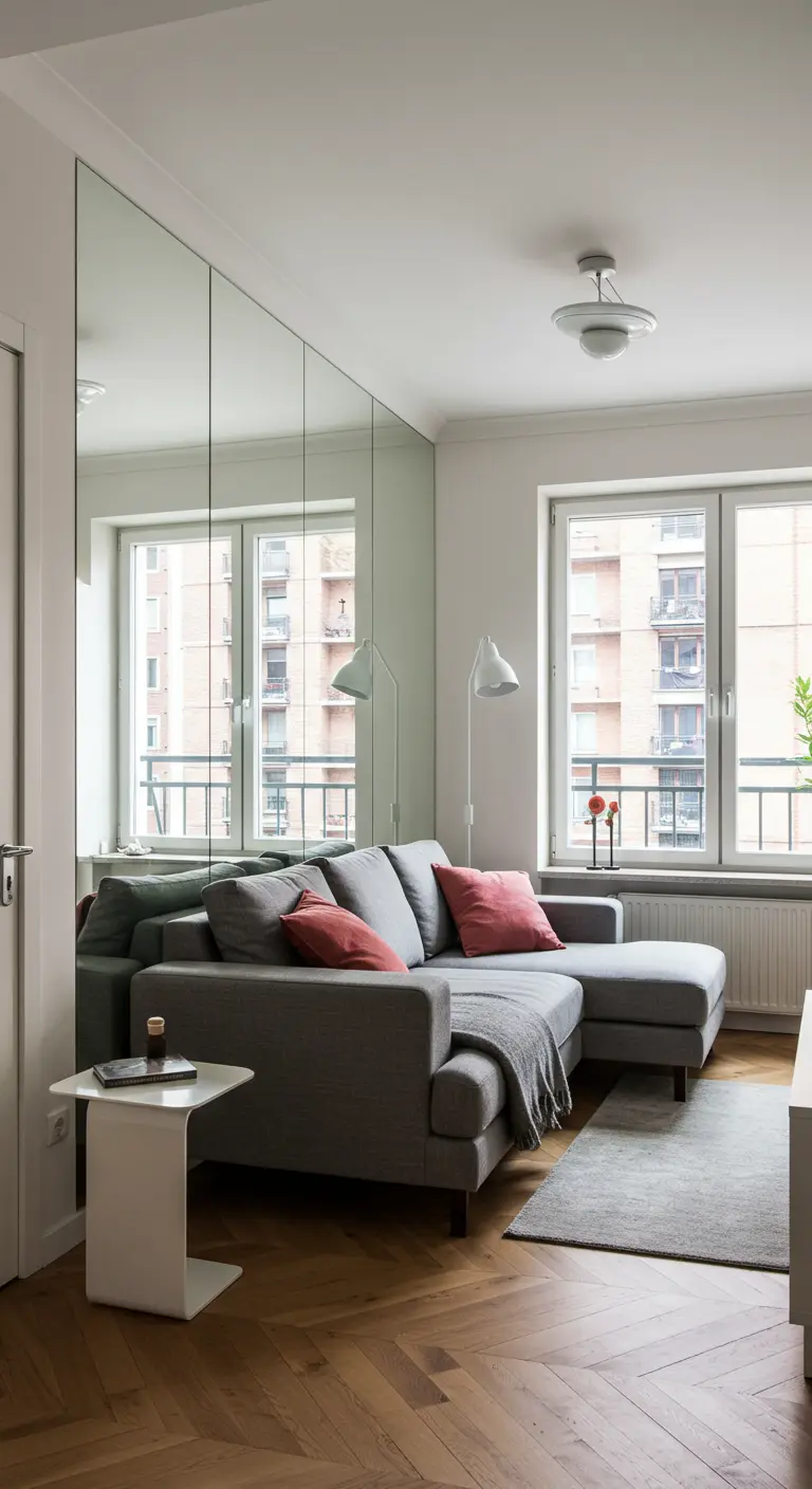 Pared con puertas de armario completamente cubiertas de espejos en un salón moderno