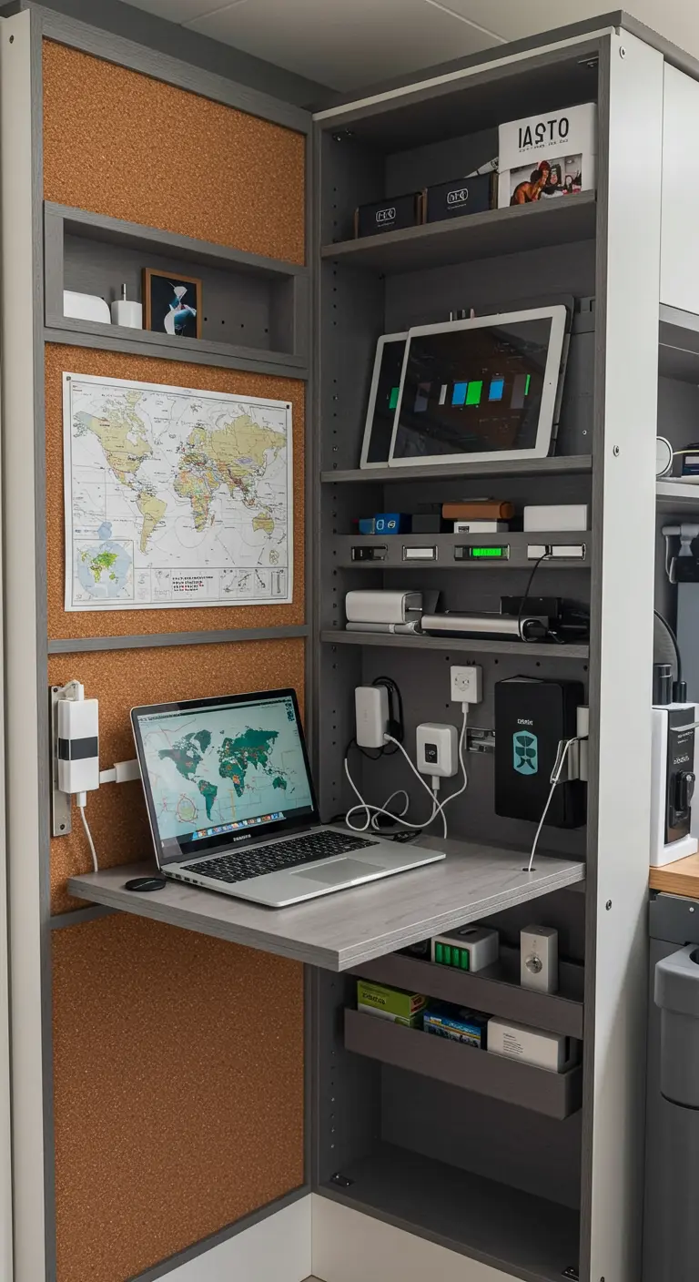 Oficina compacta dentro de un armario con estantes, tablero de corcho y múltiples cargadores.