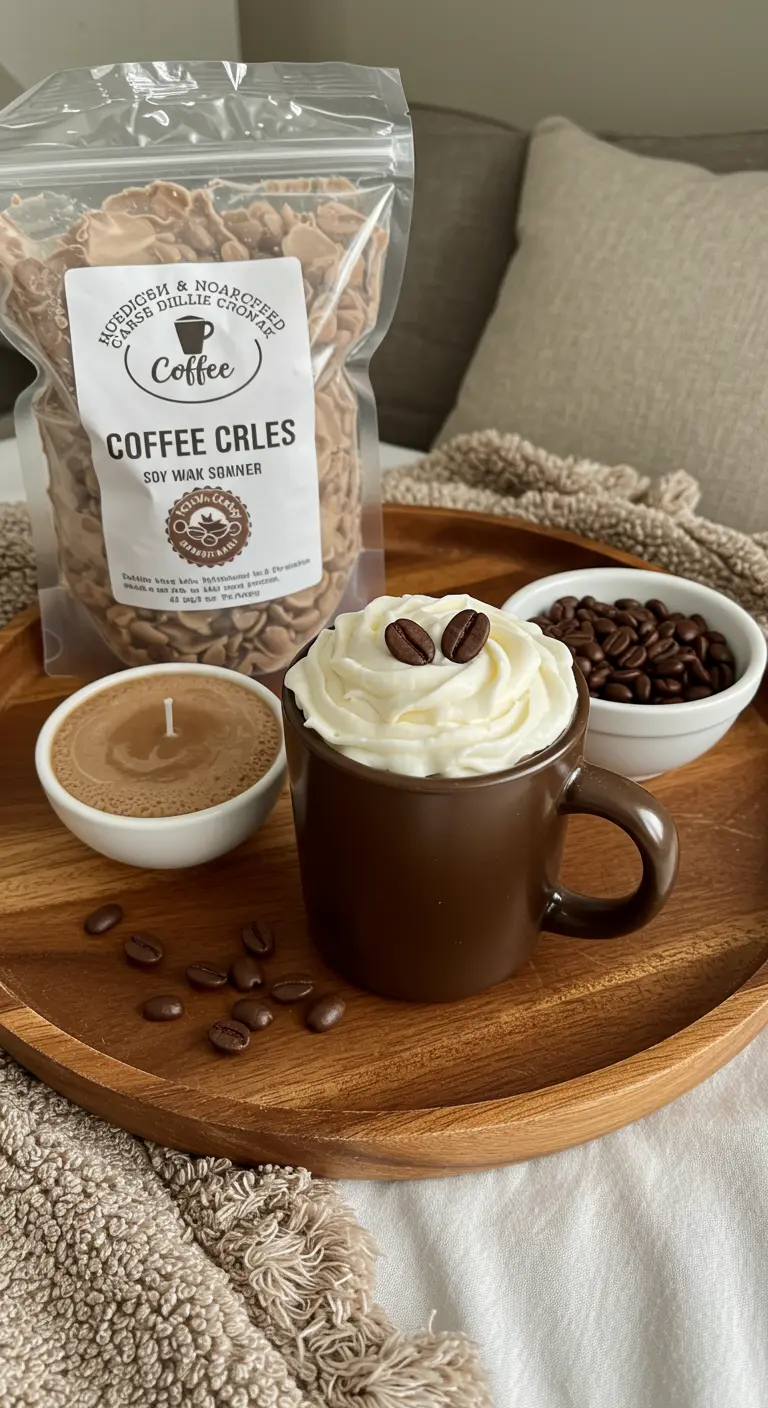 Vela casera en una taza de café, decorada con cera batida y granos de café