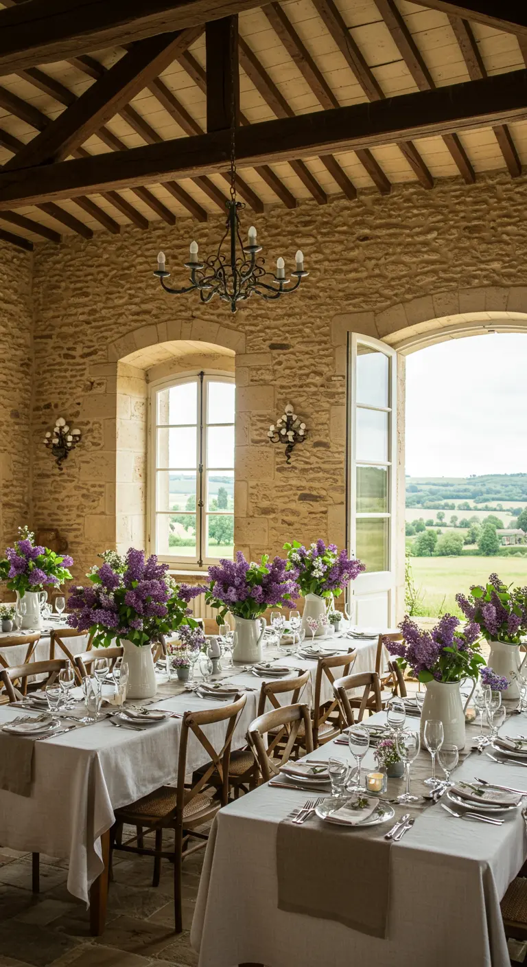 Mesas de boda rústicas con jarras blancas llenas de lilas moradas.