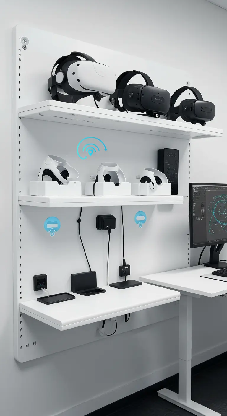 Estación de carga y almacenamiento vertical en la pared para múltiples gafas de realidad virtual.