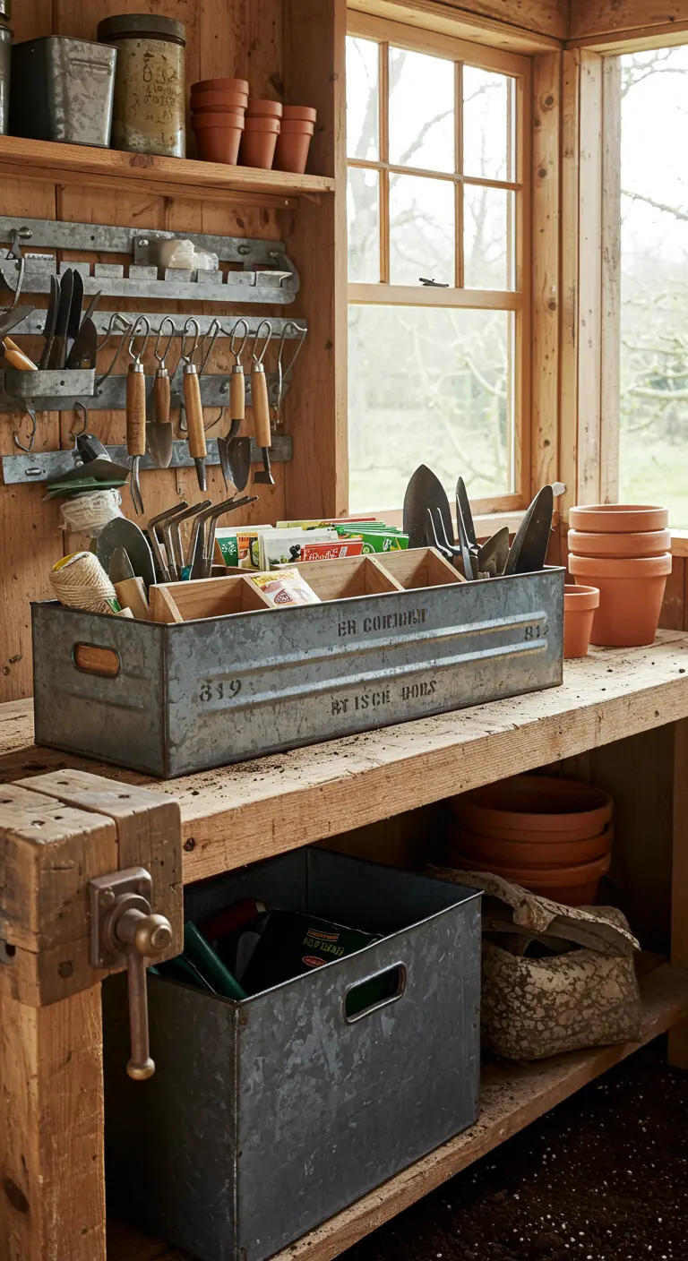 Caja de herramientas metálica galvanizada con separadores de madera para organizar herramientas de jardín.